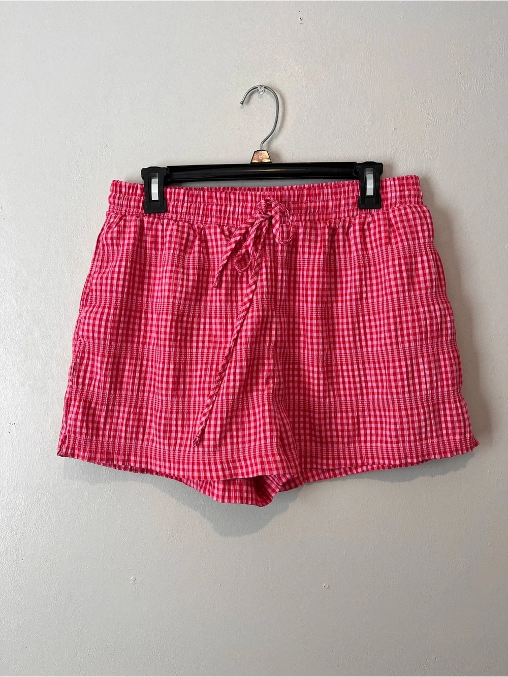 Red and Pink Gingham Tie-Front Crop Button-Up Top and matching shorts